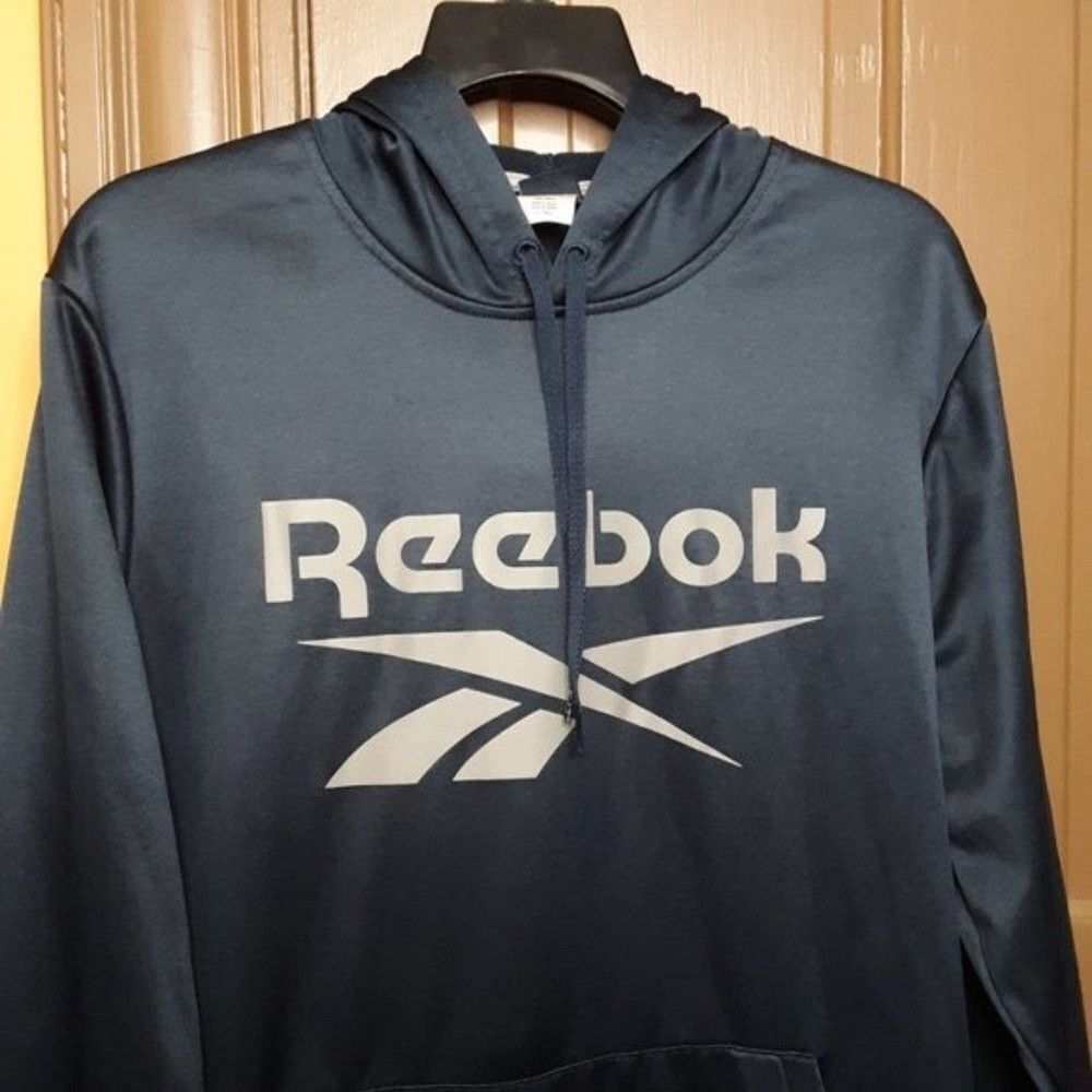 Reebok Men's size XL Logo-Print Fleece Blue Polyester Hoodie Sweater